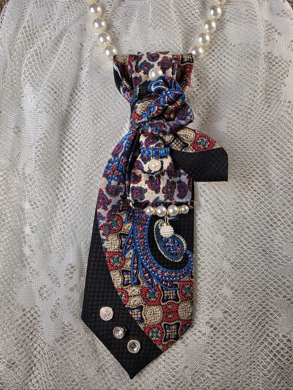 Custom Pearl Accent Paisley Tie Necklace Blue Red Black Cream Statement Jewelry
